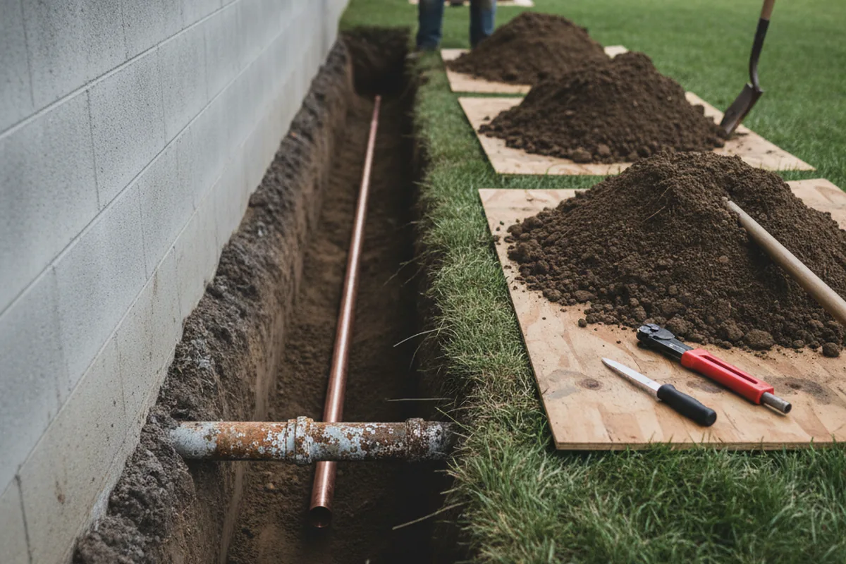 Excavated water line trench during Water Softener Installation in Sedley